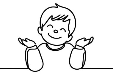 Sürekli bir çizgi çiziyor. Mutlu çocuk. Vektör illüstrasyonu.