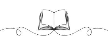 Açık bir kitabın sürekli tek satır çizimi. Okula dönmenin vektör illüstrasyonu, eğitim malzemeleri