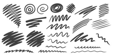 İşaretli kalem darbeleri. Karalama çizgileri ve fırça darbeleri koleksiyonu. Karalamaların vektör illüstrasyonu