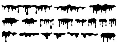 Siyah erime boyası. Leke ve sızıntı ile damlayan sıçramalar ve fırça darbeleri, kirli sıvı fırça simgeleri. Vektör izole edildi. Akan mürekkep ve yapışkan sıvı tasarımı ile farklı sınırlar.