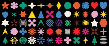 Büyük vektör farklı geometrik şekiller belirledi. Moda minimalist şekiller, yıldızlar, akıntılar, daireler. Modern soyut grafik tasarım elementleri. Vektör