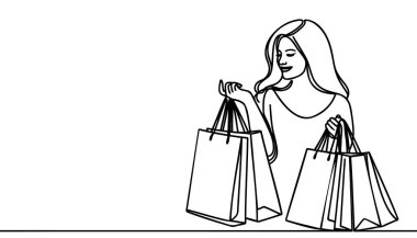 Alışveriş yaptıktan sonra elinde kese kâğıdı olan bir kadının sürekli çizimi..