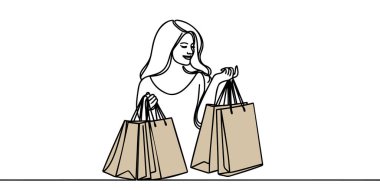 Alışveriş yaptıktan sonra elinde kese kâğıdı olan bir kadının sürekli çizimi..