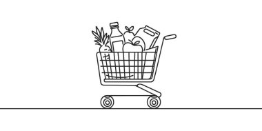 Tek sıra halinde market arabası çiziyor. Hipermarket konsepti alışverişi
