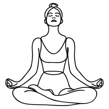 Sürekli bir çizgi çiziyor. Meditasyon yapan kadın lotus pozisyonunda oturuyor. Yoga konsepti, iç huzuru, ezoterik uygulamalar. Minimalist vektör illüstrasyonu