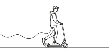 Elektrikli scooter kullanan bir çocuğun durmaksızın çizdiği çizgi. Tasarımının şablonu işe yarıyor. Vektör illüstrasyonu