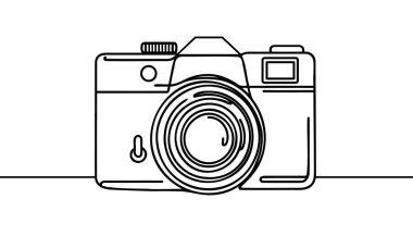 Çizgi fotoğraf makinesi. Tek çizim fotoğraf ikonu, çizgi sanat fotoğrafçılığı kamera taslağı, sürekli monolin çizimi.