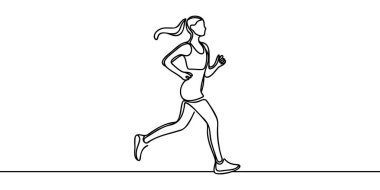 Kız koşusu. Aralıksız tek çizgi çizerek koşan kız. - Evet. Vektör illüstrasyonu.