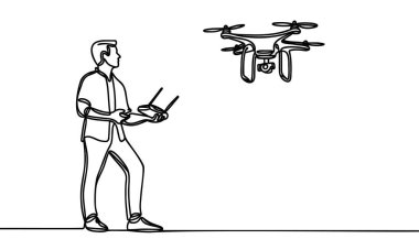 İnsansız hava aracı uzaktan kumandasını kullanırken sürekli çizilen bir çizgi. İnsansız hava aracını uçuran adam tek ana hatlı vektör tasarımı. Düzenlenebilir vuruş