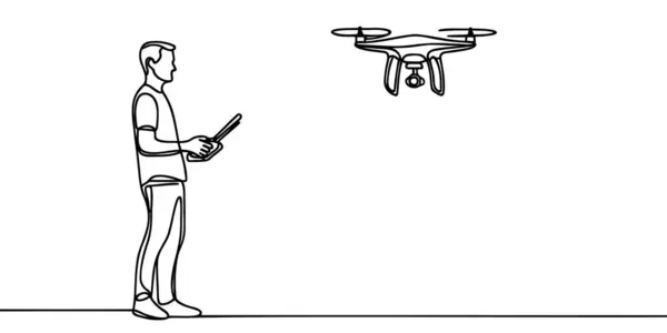 İnsansız hava aracı uzaktan kumandasını kullanırken sürekli çizilen bir çizgi. İnsansız hava aracını uçuran adam tek ana hatlı vektör tasarımı. Düzenlenebilir vuruş