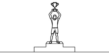 Single continuous line drawing male athlete wearing sports jersey lifting golden trophy with one hand on podium. Celebrating victory of competition. One line draw graphic design vector illustration.