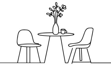 İçinde bitki bulunan bir vazo ve sandalye ve masa çizimleri devam ediyor. Basit bir doğrusal tarzda İskandinav tarzı mobilyalar. Vektör illüstrasyonu