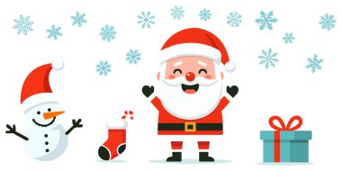 Noel kartı. Komik Noel Baba çizgi filmi. Kırmızı Noel Baba şapkası. Noel ve Yeni Yıl posterleri, hediye etiketleri ve etiketleri için.