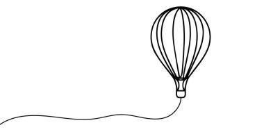 Sıcak hava balonu sürekli bir çizgi çiziyor. Gökyüzü logosu ve bölme konsepti içinde basit doğrusal uçarak seyahat et. Düzenlenebilir felç. Doodle vektör illüstrasyonu.