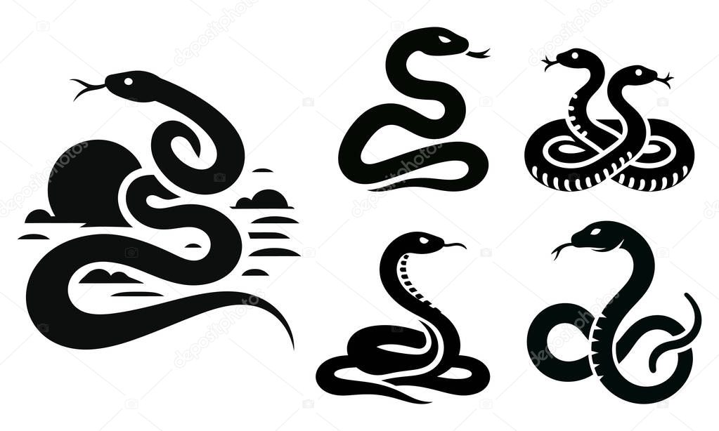 Silhouette venomous snake collection or desert on the water snake silhouette flat logo icon vector illustration clipart Snake silhouette set Isolated silhouette snake for a danger warning sign design.