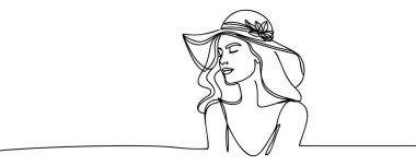 Şapka siluetinde kadın ya da kızın minimalist silueti. Geçmişi. Bir çizgi çizimi