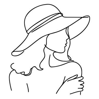 Şapka siluetinde kadın ya da kızın minimalist silueti. Geçmişi. Bir çizgi çizimi