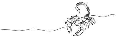 Single curly one line drawing of creepy scorpion abstract art. Continuous line draw graphic design vector illustration of venomous scorpion for icon, symbol, company logo, poster wall decor.
