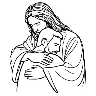 İsa bir adama sarılır Devamlı bir çizgi çizer.