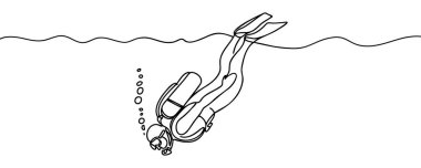 Tüplü dalgıcın aralıksız tek çizgi çizimi. Spor konsepti bir dalgıçlık serüvenidir.