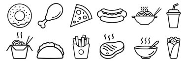 Abur cubur düz çizgi simgeleri ayarlandı. Hamburger, fast food, sandviç, patates kızartması, sosisli sandviç, Meksika dürümü, pizza vektör çizimleri. Restoran menüsü için ince işaretler