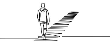 Sürekli bir çizgi çiziyor. Adam hedefe doğru merdivenleri çıkıyor. Kavram işi.