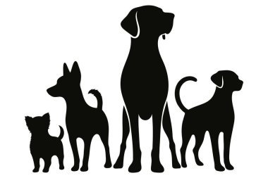 Vektör çizimi. Siyah köpek siluetleri. Hayvan çıkartmaları seti. Büyük küme