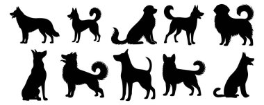 Vektör çizimi. Siyah köpek siluetleri. Hayvan çıkartmaları seti. Büyük küme