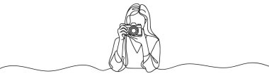 Fotoğrafçı kızın fotoğraf çektiği bir satır devam ediyor. Fotoğraf vektör illüstrasyonu.