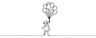 Tek elle balon tutan bir kızı çizmeye devam et. Jest yap. Başkalarına değer vermenin sembolü. Rahatsızlık. Dünya Down Sendromu Günü Tek çizgi tasarım vektörü illüstrasyonuName.