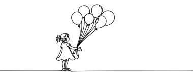 Tek elle balon tutan bir kızı çizmeye devam et. Jest yap. Başkalarına değer vermenin sembolü. Rahatsızlık. Dünya Down Sendromu Günü Tek çizgi tasarım vektörü illüstrasyonuName.