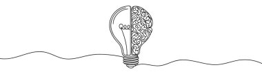 sürekli çizgi sanatı ya da bir satır ışık ampulü iş fikri için yarım beyin mantıksal konsept vektörü.