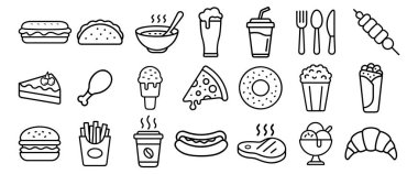 Fast food düz çizgi simgeleri ayarlandı. Hamburger, fast food, sandviç, patates kızartması, sosisli sandviç, Meksika dürümü, pizza vektör çizimleri. Restoran menüsü için ince işaretler