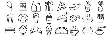 Fast food düz çizgi simgeleri ayarlandı. Hamburger, fast food, sandviç, patates kızartması, sosisli sandviç, Meksika dürümü, pizza vektör çizimleri. Restoran menüsü için ince işaretler