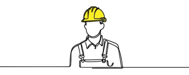 Devamlı tek satır halinde tasarım vektörü çizimi. Beyaz arka planda koruyucu kulaklıklı mühendis..