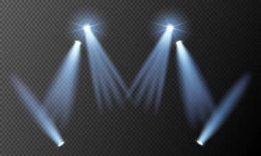 Aydınlatma arka plan efektleri 3 boyutlu gerçekçi vektör illüstrasyonu. Parlak sahne feneri tasarımı. Şeffaf arkaplanda lambalar yanıyor.