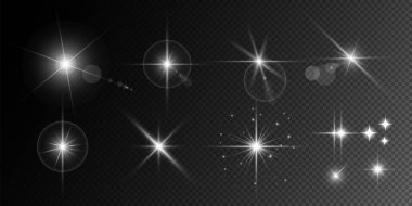 Parlayan ışık parıldıyor. Parıltı efekti ayarlandı, lens parlaması, patlama, parıltı, çizgi, güneş ışığı, kıvılcım ve yıldız. Işık ve beyaz yıldızların soyut görüntüsü. Vektör illüstrasyonu.