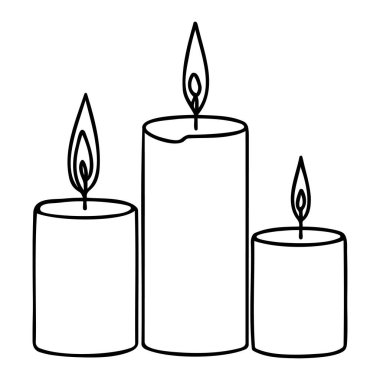 Üç yanan mum aralıksız tek çizgi çiziyor. Mum ikonu. Vektör illüstrasyonu
