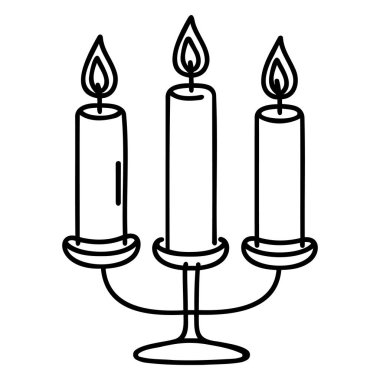 Bir şamdanda üç mum, bir tane sürekli çizgi çizimi. Beyaz arka planda izole edilmiş. Vektör minimalist biçimi.