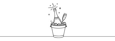 Şampanya şişesi, şarap kovası, alkol ve bardak çizimleri. Beyaz arkaplanda bir satır çizimi.