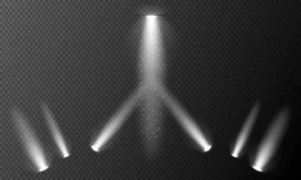 Aydınlatma arka plan efektleri 3 boyutlu gerçekçi vektör illüstrasyonu. Parlak sahne feneri tasarımı. Şeffaf arkaplanda lambalar yanıyor.