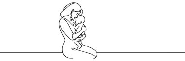 Annem bir çocuğu kollarında bir çizgi sanatı ile tutuyor. Yenidoğan, annelik, aile, sevgi, çocuk, bakım, endişelerin kesintisiz çizimi