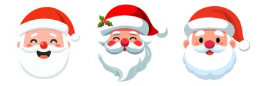 Bir set Noel Baba kafası. Noel Baba yüzleri hazır. Noel Baba karakteri seti. Sevimli komik noel baba. Noel kartları, afişler, etiketler için Aziz Nick 'in başı. Güzel noel ikonu. Noel Baba kafası koleksiyonu.