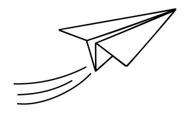 Uçak uçuşunun çizim çizimi. Karalama tarzında uçak uçuşunun kağıt uçak simgesi.