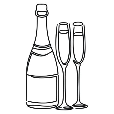 Şampanya şişesi ve bardak çizimleri devam ediyor. Kadeh kaldırma, tost, sanat tarzında tatil kavramı. Beyaz arkaplanda resim.