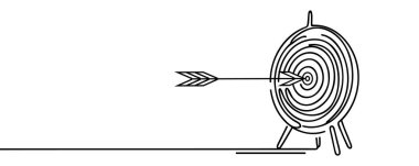 Tek bir çizgi ok hedefi ıskaladı. Iskaladın. Okçuluk hedefini vurmak için başarısız girişimler. İş sorunu metaforu. Devamlı çizgi çizimi grafik vektörü