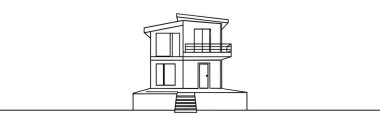 Modern ev mimarisinin aralıksız çizimleri. Düz çatı evi ya da tek satır vektör illüstrasyonunda ticari bina