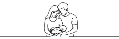 Mutlu aile ikonu. Küçük çocuk, baba ve anne. Anneler günün kutlu olsun. Sürekli tek çizgi çiziyorsun. Kadın bebeğini kalbinde tutuyor.