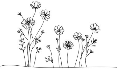Vahşi çiçek serisi sanat seti. Çiçek karalama botanik koleksiyonu. Bitki ve çayır bitkileri, çimenler. Beyaz arkaplanda vektör çizimi izole edildi. Papatya, yonca, papatya, basit el çizimi elementler.