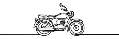Antika motosiklet logosunun tek bir çizgisi. Klasik kırsal motosiklet konsepti. Devamlı çizgi çizimi tasarım vektörü illüstrasyonu.